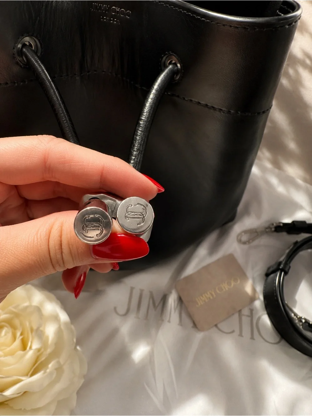 Jimmy Choo Cinch L Black Calf Leather Bucket Bag NWT Full Set